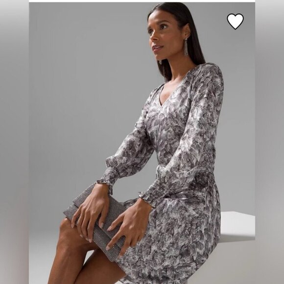 White House Silver Metallic Long Sleeve Petite Smocked Blouson Mini Dress XXS - Picture 2 of 14